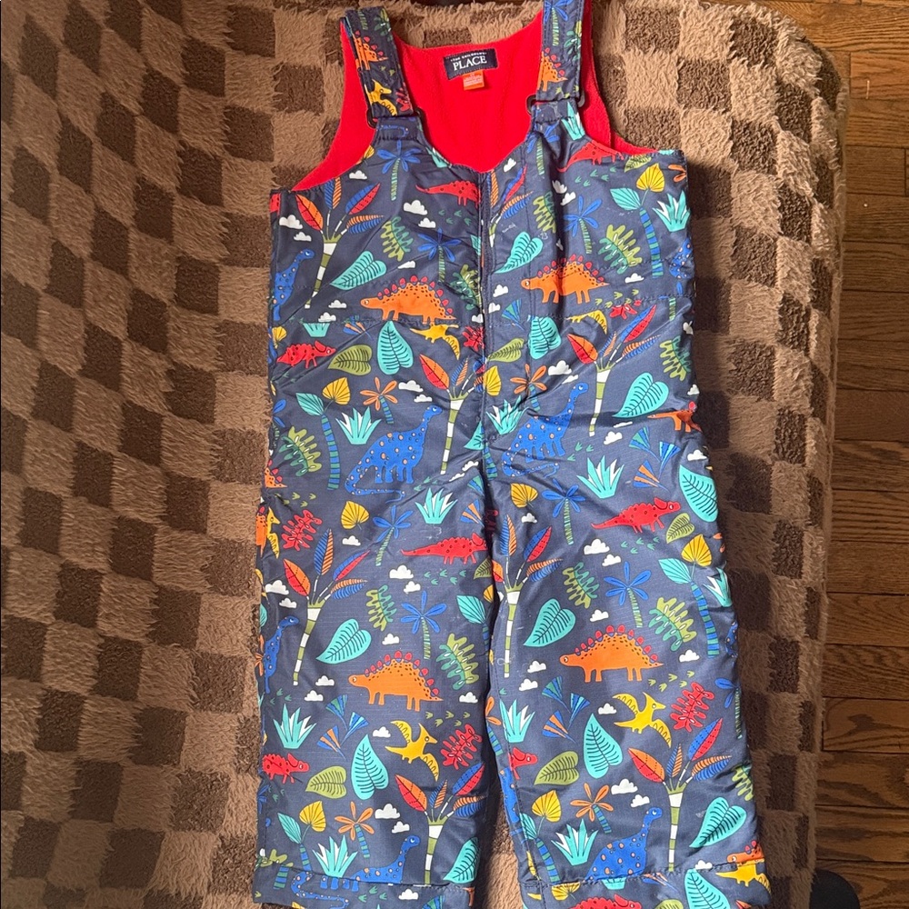The Children's Place Navy Dinosaur Print Snow Overalls with Red Lining